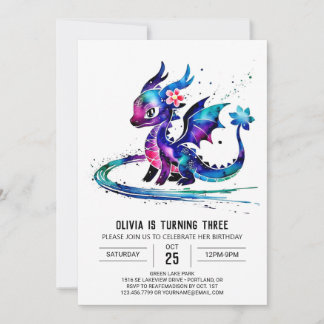 Fantasy Colorful Dragon Digital Girl Geburtstag Einladung