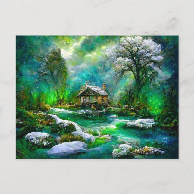 Fantasy Cottage im Frühjahr. Schneeschmelze Postkarte (Vorderseite)