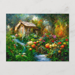 Fantasy Cottage mit üppigem Garten voller Blumen.  Postkarte