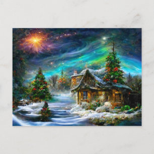 Fantasy Cottage zu Weihnachten mit Christbaum Postkarte
