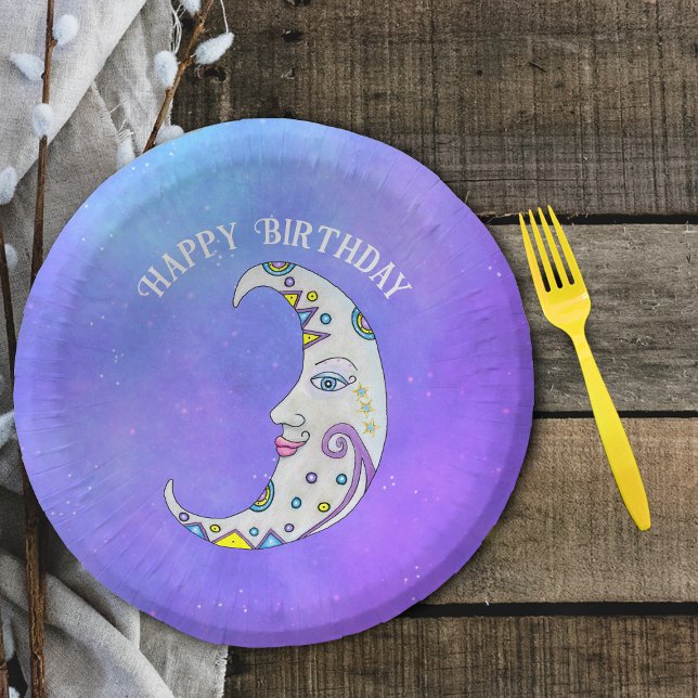 Fantasy Crescent Moon Hübsche Face Bunte Formen Pappteller (Fantasy white crescent moon colourful abstract decorations, face on purple sky paper party bowls.)