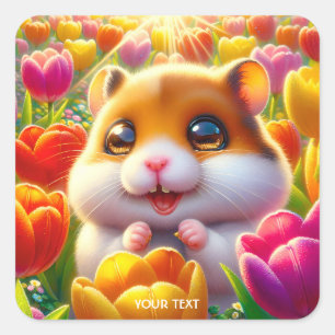 Fantasy Cute Happy Hamster Tulips Quadratischer Aufkleber