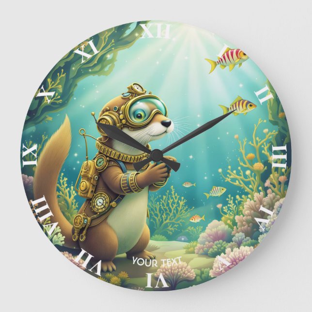 Fantasy Cute Otter Steampunk Suit Große Wanduhr (Vorderseite)