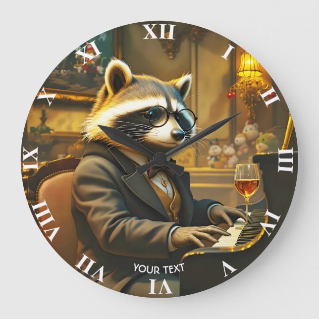 Fantasy Cute Piano Racoon Playing Große Wanduhr (Vorderseite)