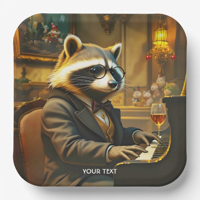 Fantasy Cute Piano Racoon Playing Pappteller (Vorderseite)