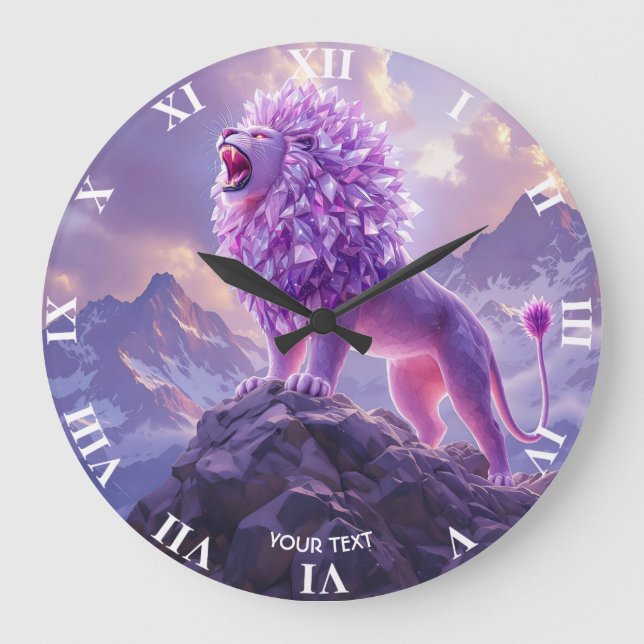 Fantasy Cute Purple Amethyst Lion Große Wanduhr (Vorderseite)