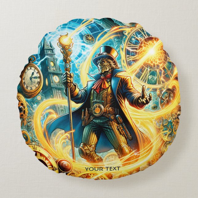 Fantasy Cute Steampunk Time Wizard Rundes Kissen (Vorderseite)
