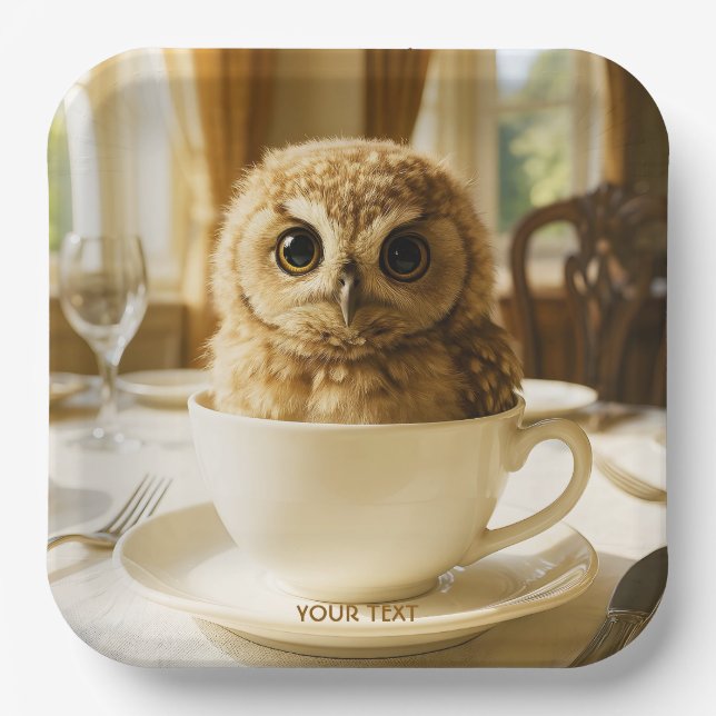 Fantasy Cute Tea Owl Baby Pappteller (Vorderseite)