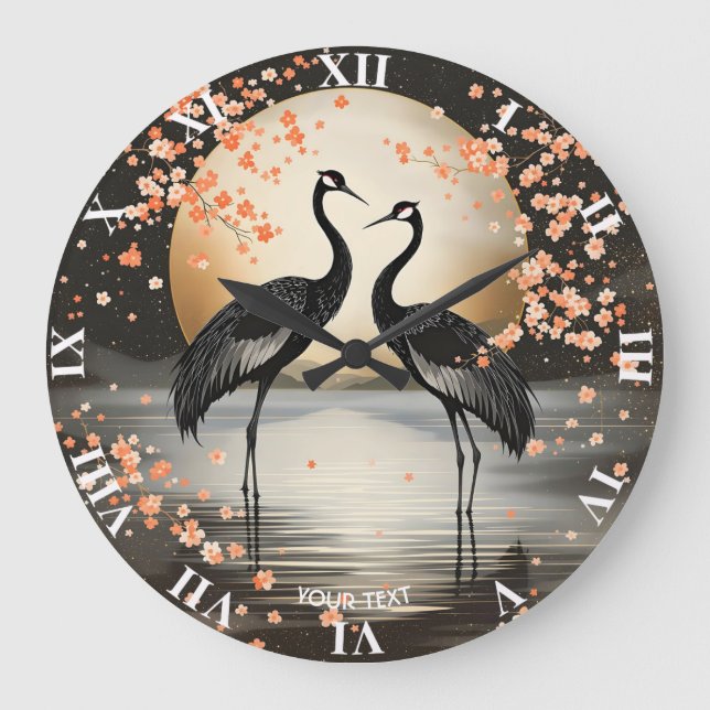 Fantasy Cute Two Black Cranes Große Wanduhr (Vorderseite)