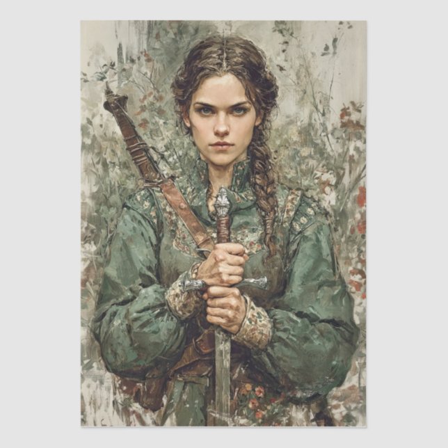 Fantasy Decoupage der mittelalterlichen Kriegerin Seidenpapier (Vorderseite)