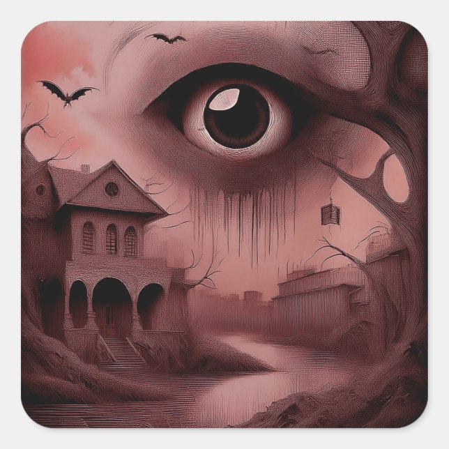 Fantasy: Dilapidated House With Giant Eyeball  Quadratischer Aufkleber (Vorderseite)