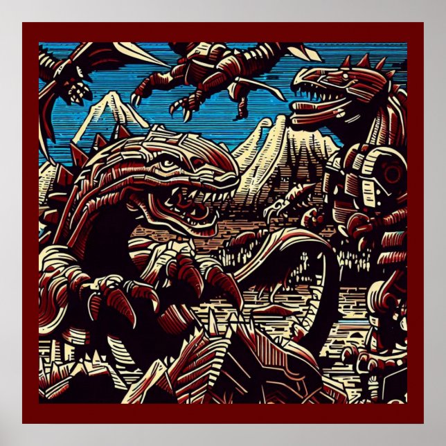Fantasy Dinosaur Roboter Anime - Holzschnitt 2 Poster (Vorne)