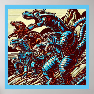 Fantasy Dinosaur Roboter Anime - Holzschnitt 3 Poster