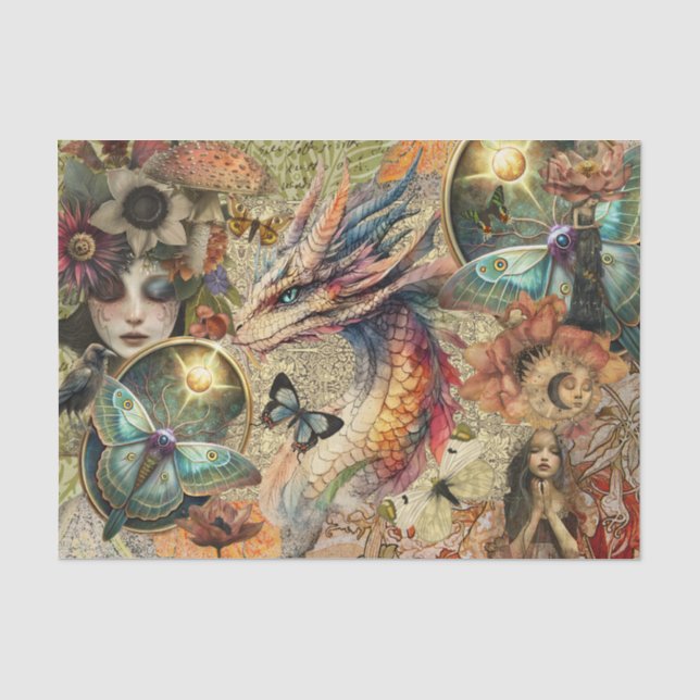 Fantasy-Drache Mixed-Media-Collage-Decoupage Seidenpapier (Vorderseite)