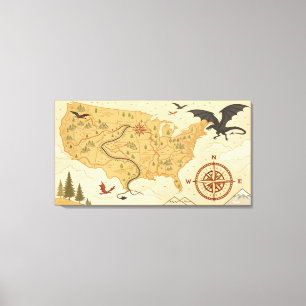 Fantasy-Drachenkarte der USA – Vintage-Abenteuer Leinwanddruck