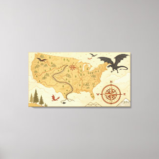 Fantasy-Drachenkarte der USA – Vintage-Abenteuer Leinwanddruck