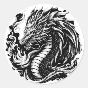 Fantasy Dragon Black/White Runder Aufkleber