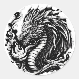 Fantasy Dragon Black/White Runder Aufkleber