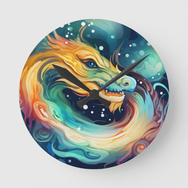 Fantasy Dragon Dream Tier 3 Runde Wanduhr (Vorderseite)