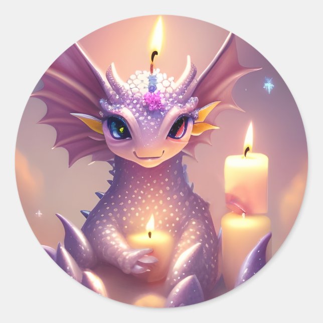 Fantasy Dragon mit Birthday Candles Runder Aufkleber (Vorderseite)