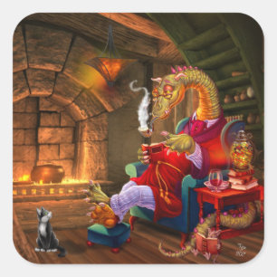 Fantasy Dragon Reading by Fireplace Quadratischer Aufkleber