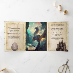 Fantasy Dragons and Castle Fairytale Wedding Dreifach Gefaltete Einladung