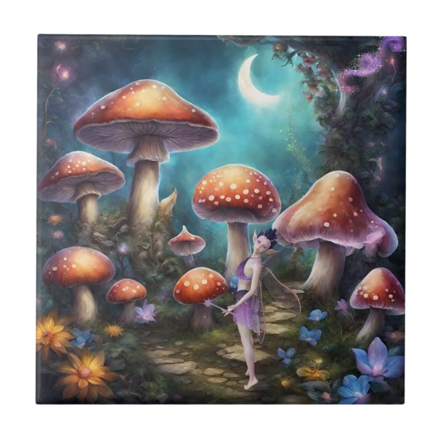 Fantasy Dream World Faiy and Mushrooms Fliese (Vorderseite)