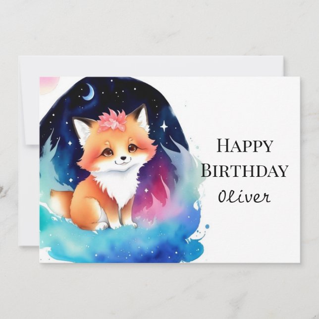 Fantasy Editable Fox Birthday Karte (Vorderseite)