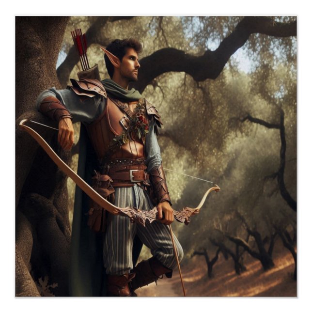 Fantasy Elf Archer Ruhen im verzauberten Eichenwal Poster (Vorderseite)