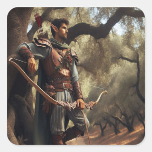 Fantasy Elf Archer Ruhen im verzauberten Eichenwal Quadratischer Aufkleber