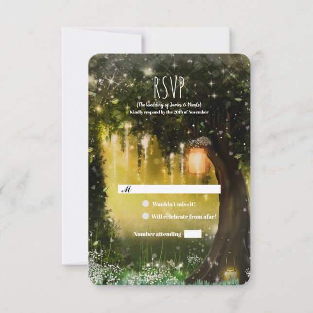 Fantasy Enchanted Green Forest Wedding RSVP Karte (Vorderseite)