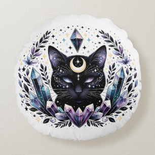Fantasy Esoterischer Kristall Schwarze Katze Rundes Kissen