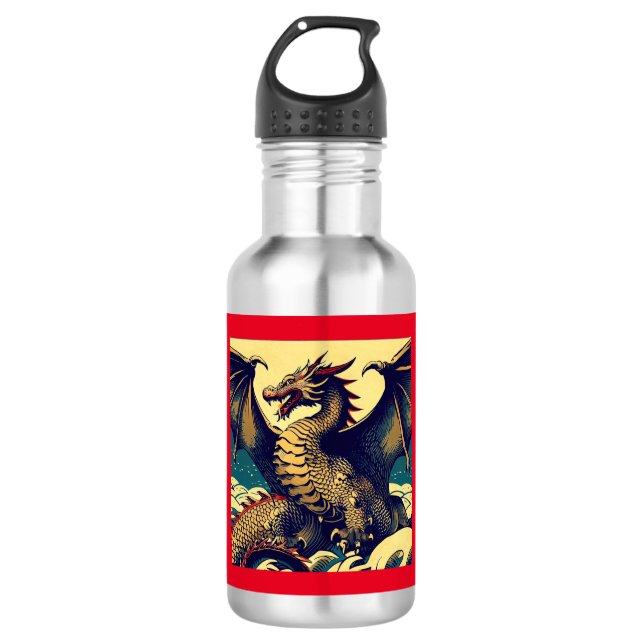 Fantasy European Dragon - Holzschnitt 1 Edelstahlflasche (Vorderseite)