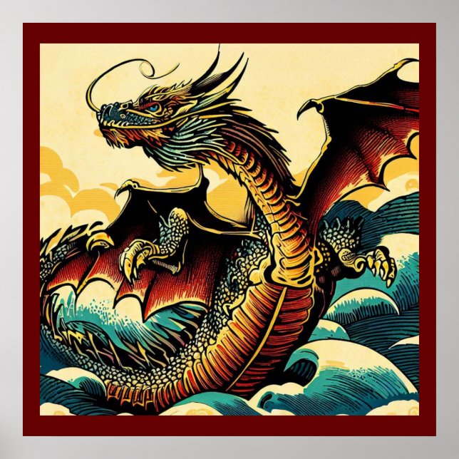 Fantasy European Dragon - Holzschnitt 2 Poster (Vorne)