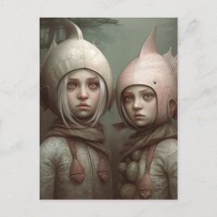 Fantasy Faible Tale Kinder mit Fish Hats Postkarte