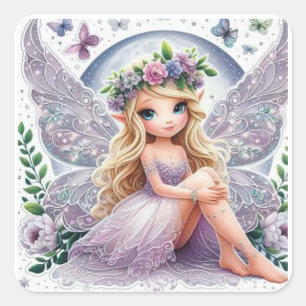 Fantasy Fairy: Eine zarte Fee mit glitzerndem Wi Quadratischer Aufkleber