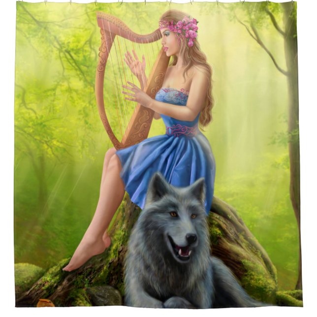 Fantasy Fee und Freund Wolf. Duschvorhang (Vorderseite)