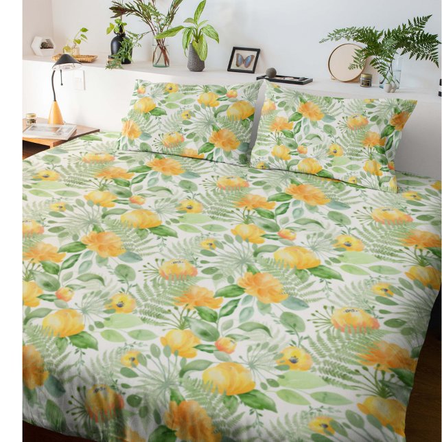 Fantasy Fern and Floral Lemon y Kissenbezug (Lemon yellow and fern green floral pattern pillowcases)