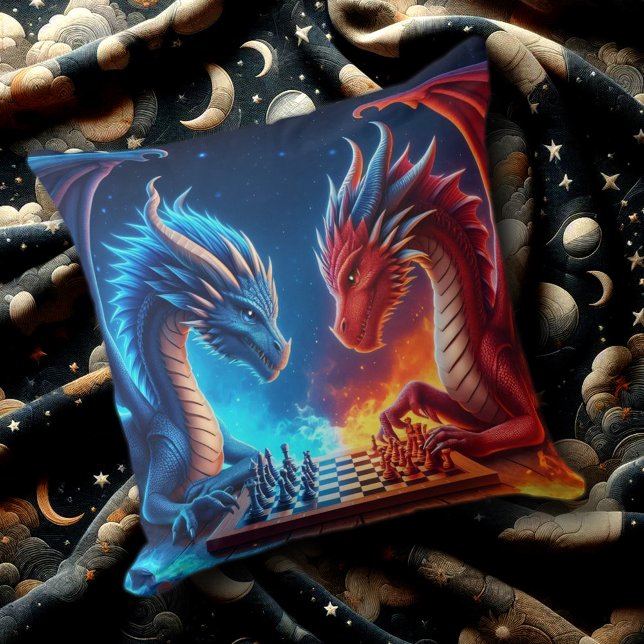 Fantasy Fire and Ice Dragons Ping Chess Kissen (Fire and Ice Dragon Chessmasters Throw Pillow Cover Photo)