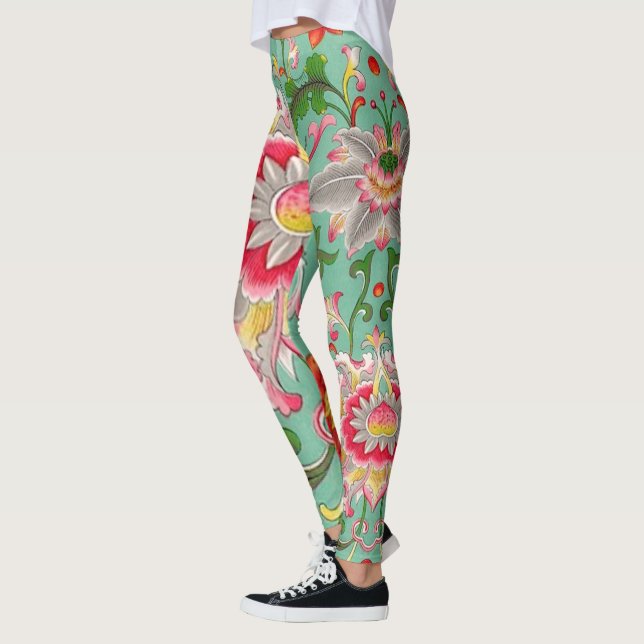Fantasy Floral Oriental Chinoiserie auf Grün Leggings (Links)
