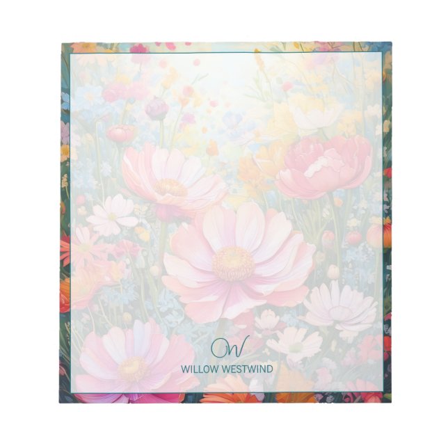 Fantasy Flower Garden Personalisiert Monogram Notizblock (Vorderseite)
