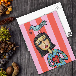 Fantasy Folk Art Lady Bluebird Hearts Liebe Postkarte