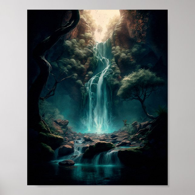Fantasy Forest Art, Mystischer Wasserfall, Magie Poster (Vorne)