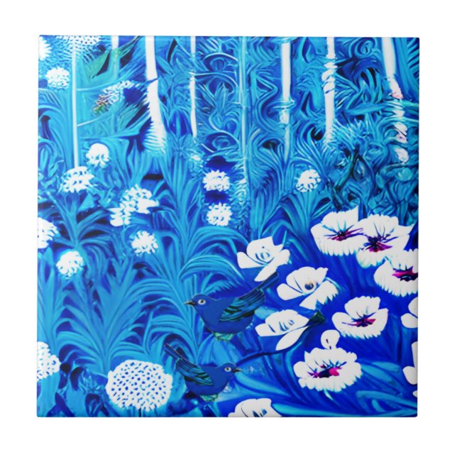Fantasy Forest mit Blume und Vögeln Fliese (Vorderseite)