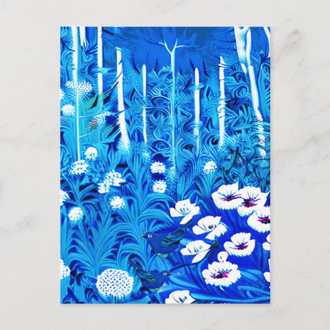 Fantasy Forest mit Blume und Vögeln Postkarte (Vorderseite)