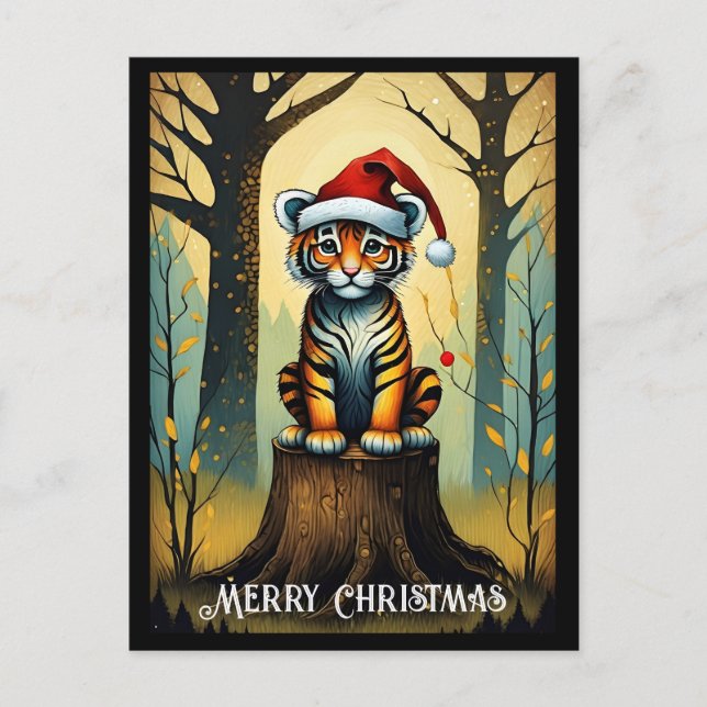 Fantasy Forest Niedlich Santa Baby Tiger Weihnacht Postkarte (Vorderseite)