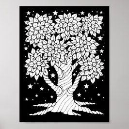 Fantasy Forest Starry Night Tree Coloring Page Poster