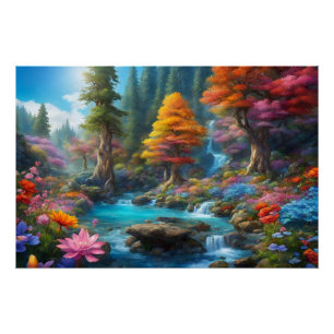 Fantasy Forest, Wasserfall, Blume Poster