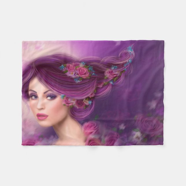 Fantasy-Frau mit violetten Blumen Fleecedecke (Vorderseite (Horizontal))