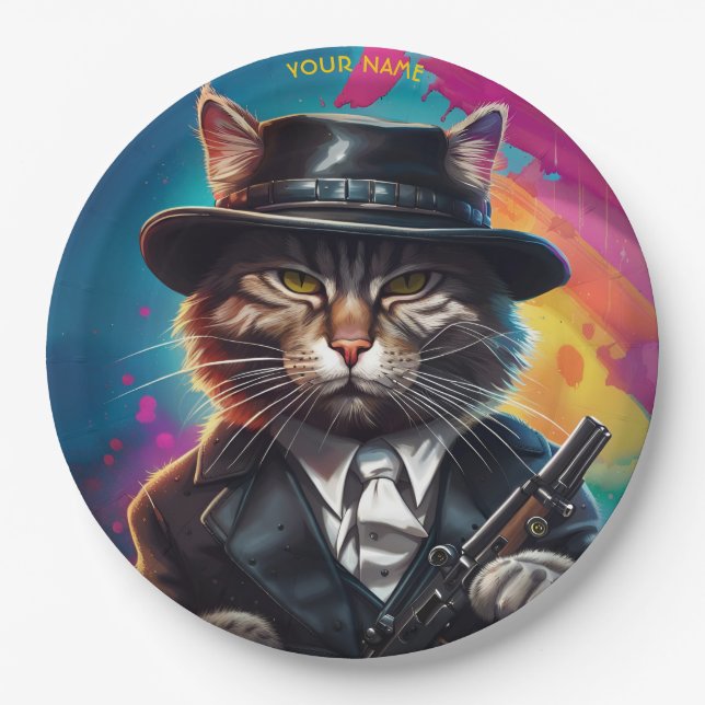 Fantasy Gangster Cat Gun Pappteller (Vorderseite)